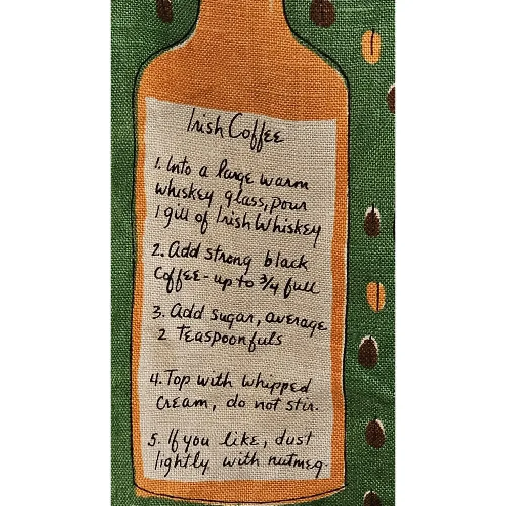 Vtg Vera Neumann Linen Tea Towel Irish Coffee Recipe Green Mid Century Modern